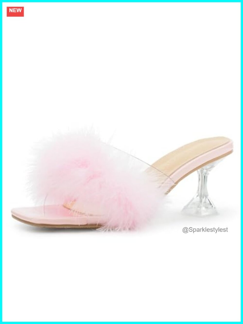 Square Toe Low Stiletto Heel Mules Faux Fur Slip On Fluffy Feather Sandals